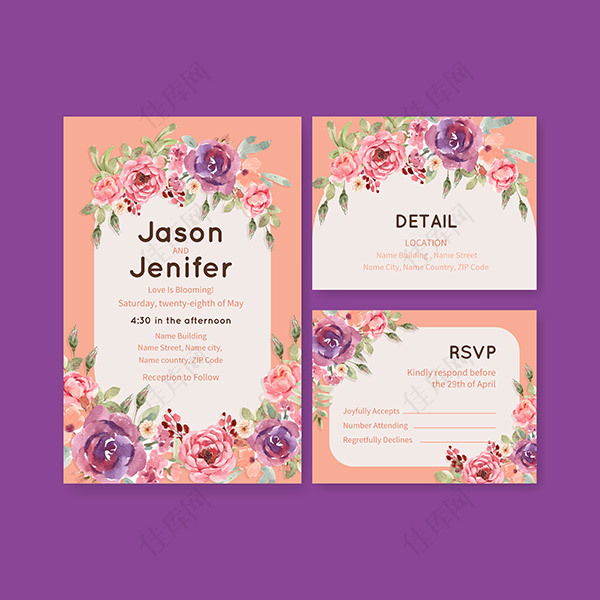 水彩花卉装饰婚礼卡片
