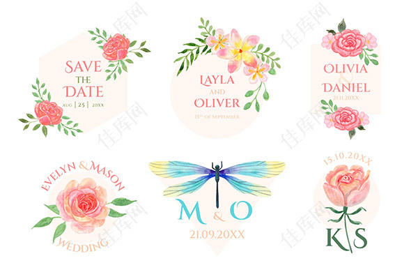 彩绘婚礼花卉装饰标签