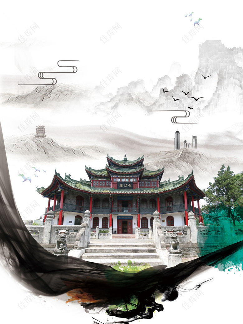 中国水墨风大气成都形象旅游海报背景素材