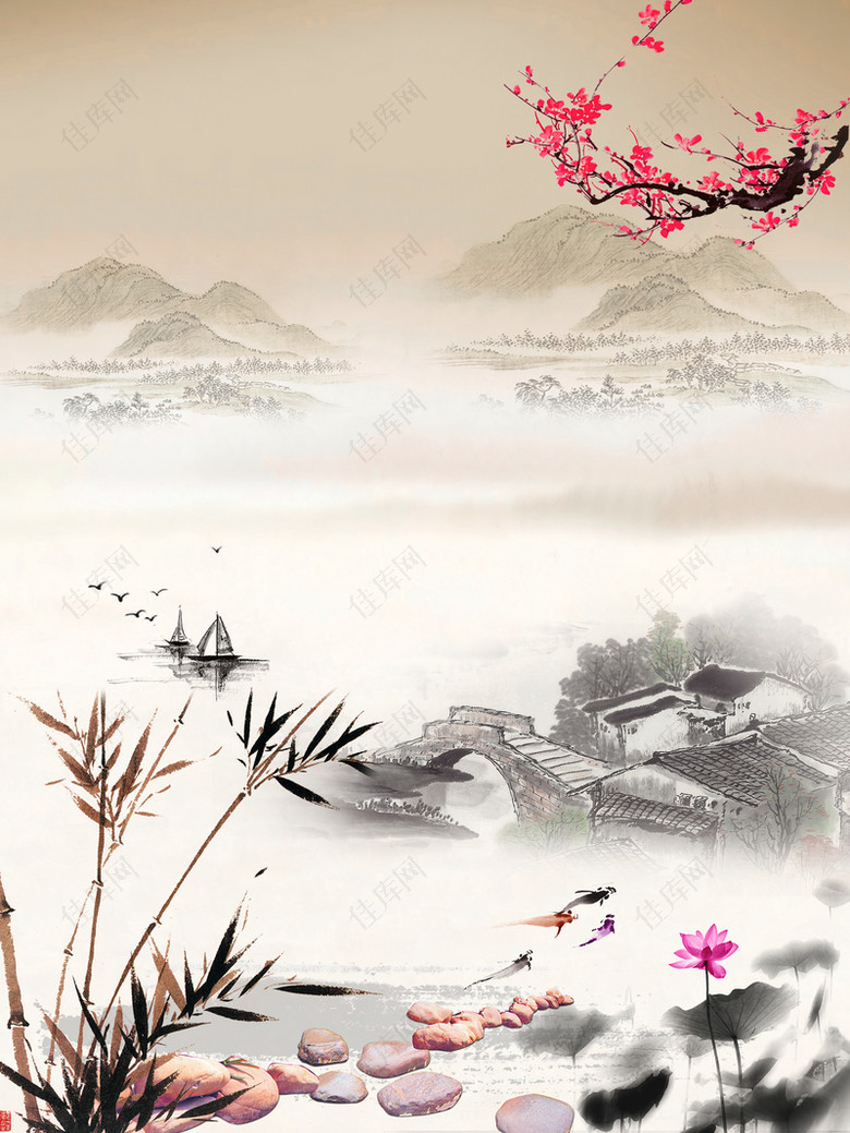 黑白古风山水树枝水墨中国风风景背景素材