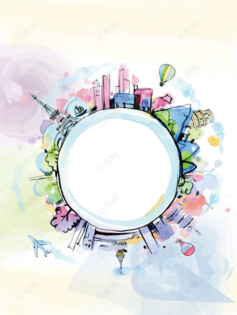 矢量水彩手绘旅游城市圆环背景素材