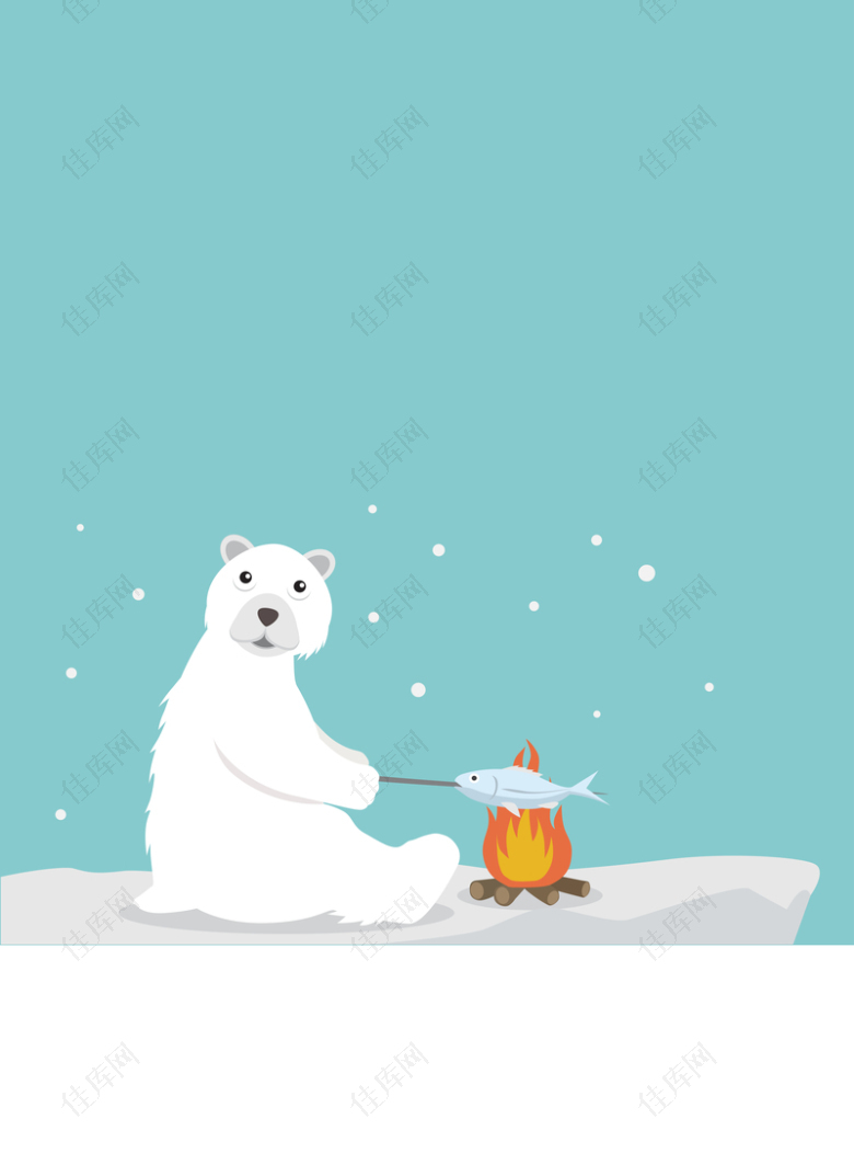 北极熊雪天烤鱼蓝绿色背景素材