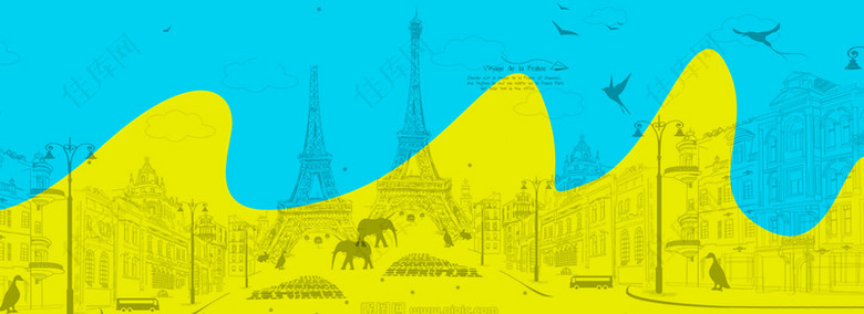 黄蓝双色手绘巴黎背景