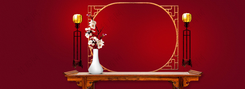 红色渐变背景中国古典家具淘宝背景