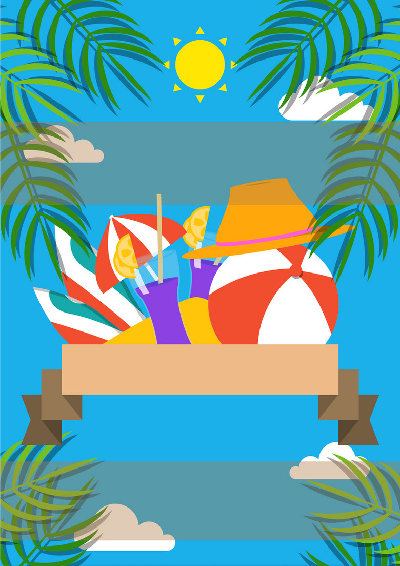 卡通手绘夏季棕榈叶海滩度假上新背景素材