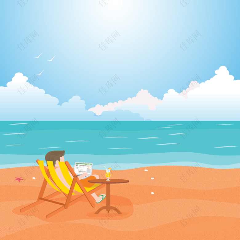 卡通阳光大海沙滩日光浴背景