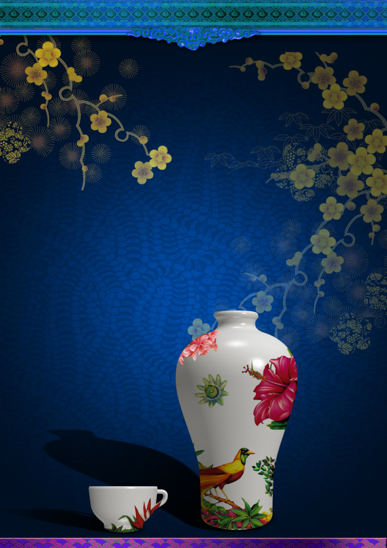 中国风古典青花瓷瓶子碗黑色背景素材