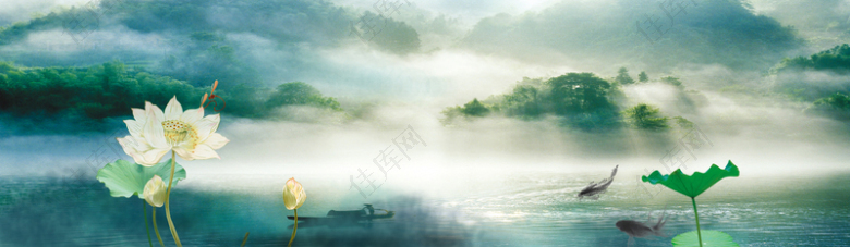 中国风荷花山水风景背景banner