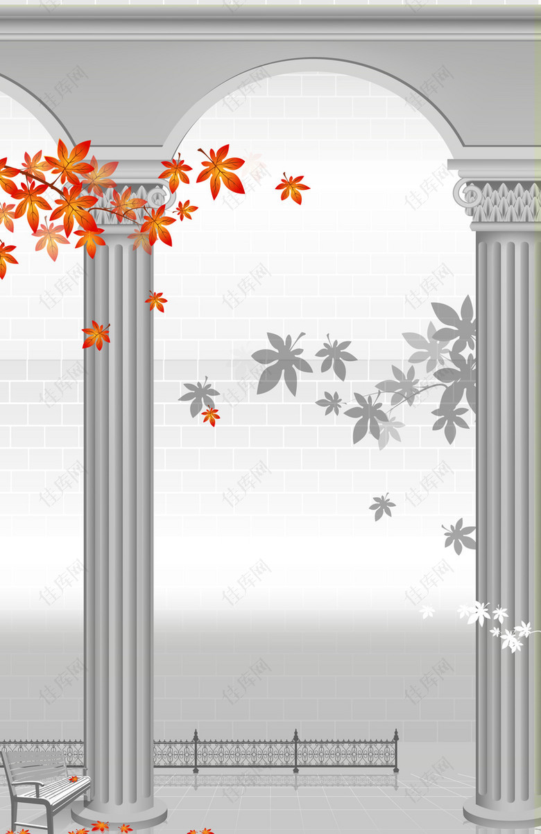 罗马柱枫叶建筑海报背景