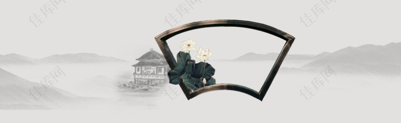 中国风复古扇面边框荷花背景