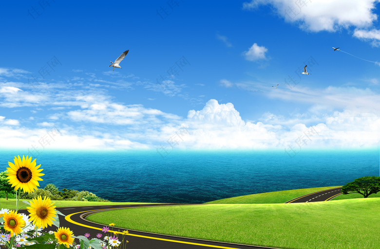 草地鲜花蓝天白云海洋背景素材