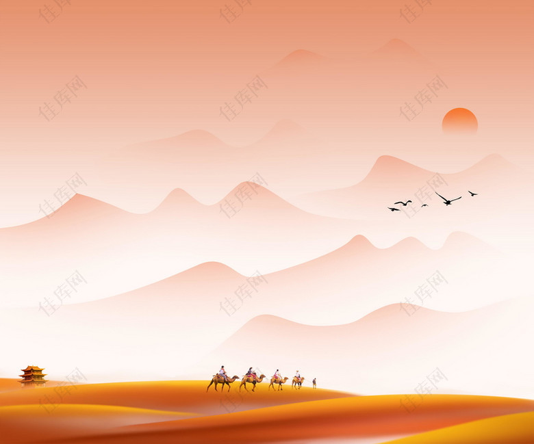 黄昏沙漠丝绸之路