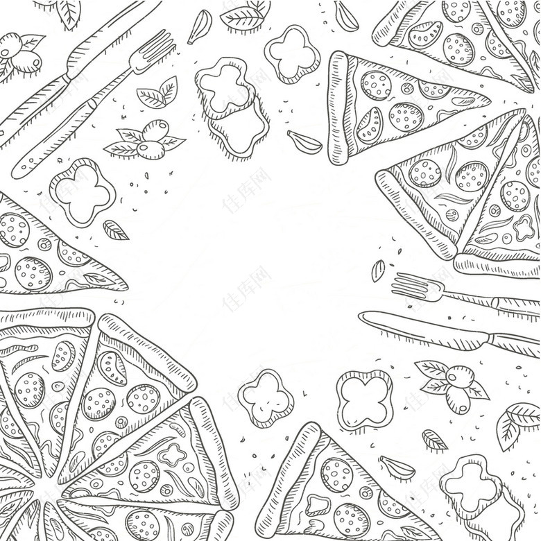 手绘灰色西餐披萨刀叉背景素材
