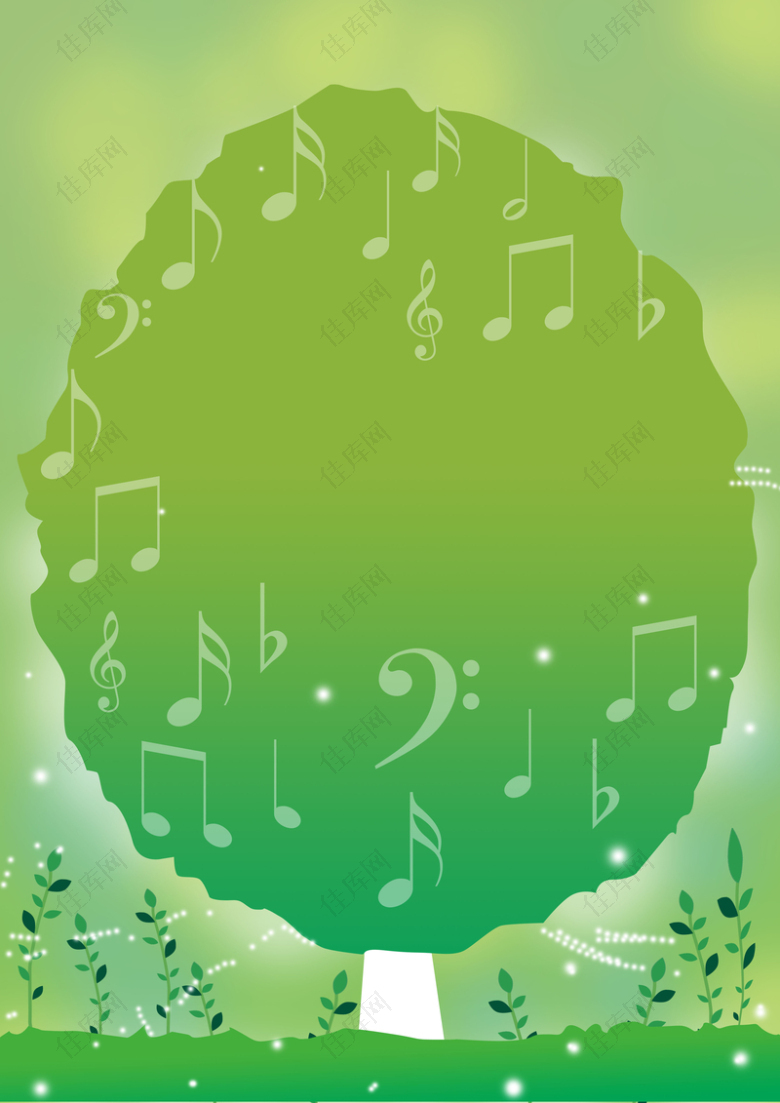 卡通绿色树音乐海报背景素材