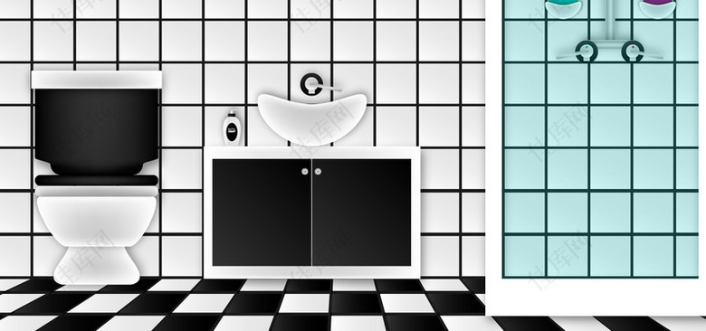 淘宝矢量家居时尚黑白拼色浴室水槽海报背景
