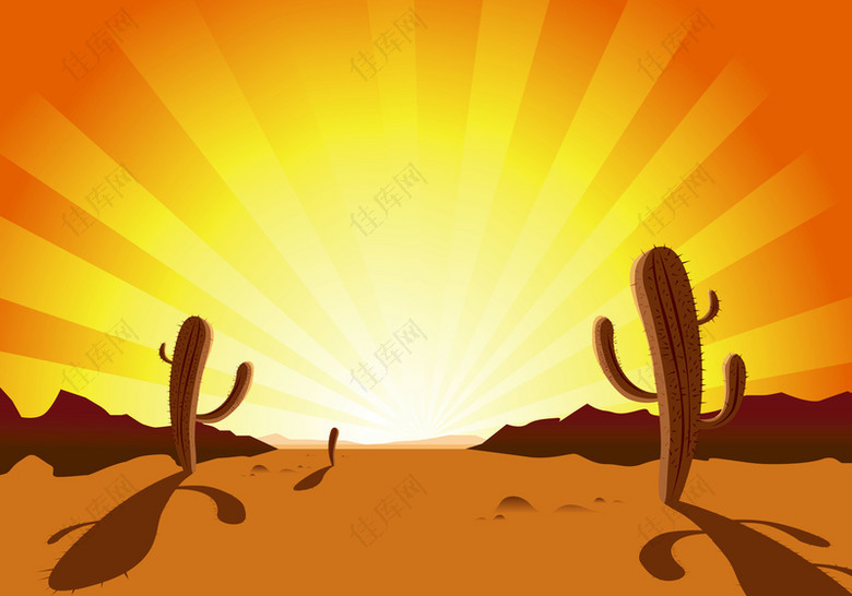 矢量卡通手绘落日沙漠仙人掌背景
