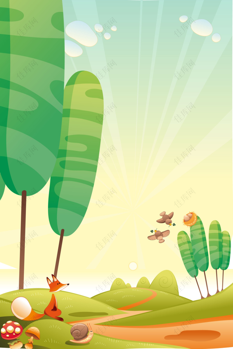 卡通效外风景飞鸟天空植物海报背景