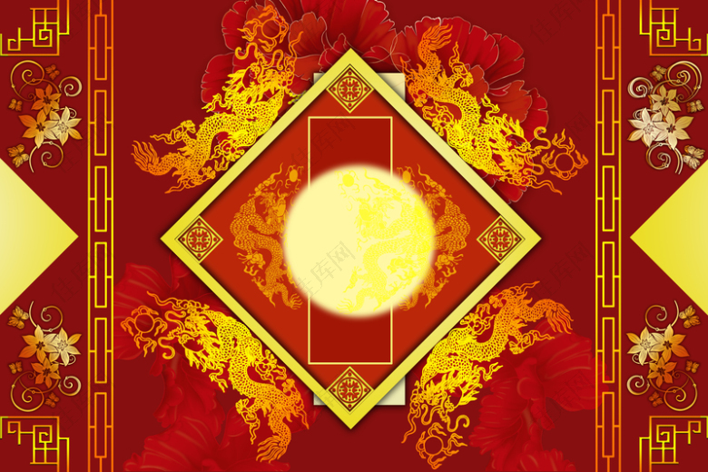 中国风龙与花卉红色背景素材