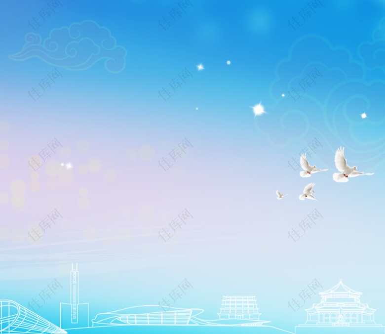 梦幻卡通线条建筑天坛蓝色背景素材