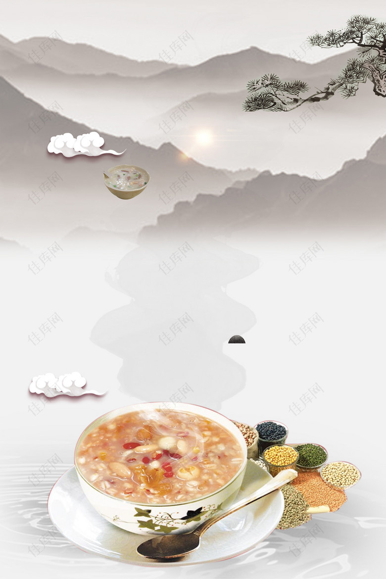 中国风水墨养生粥品餐饮海报背景素材