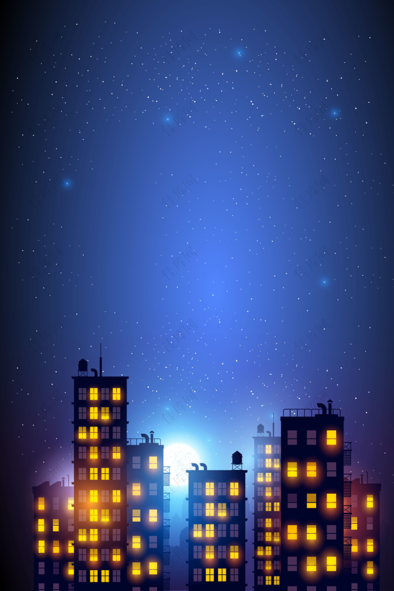 霓虹夜景城市矢量手绘卡通海报
