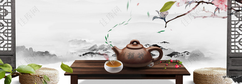 茶道中国风茶具文艺灰色banner