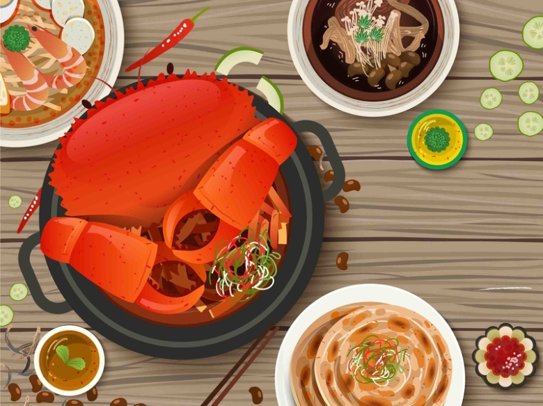 手绘矢量旅游新加坡美食辣螃蟹海报背景