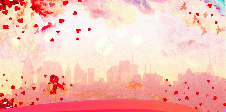喜庆节日红色花瓣扁平城市水墨背景素材