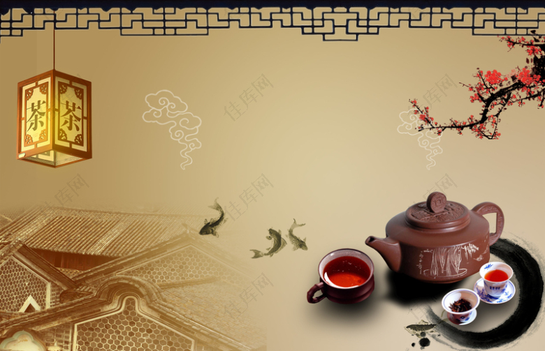 中国风窗檐纹理灯笼茶盘茶道海报背景素材