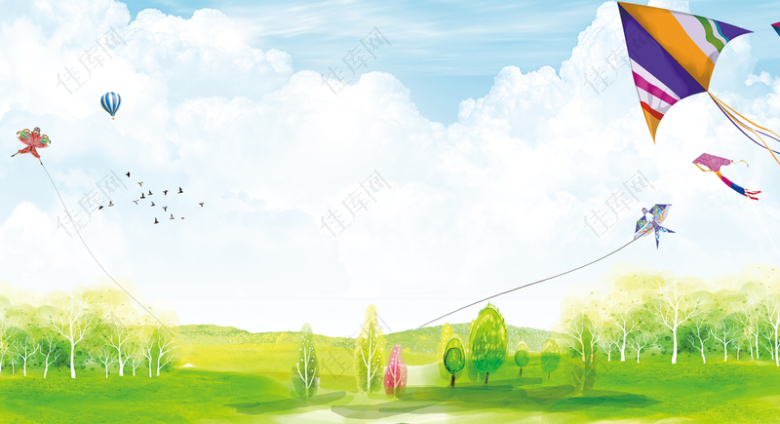 彩色手绘风景白云风筝绿色草地背景素材