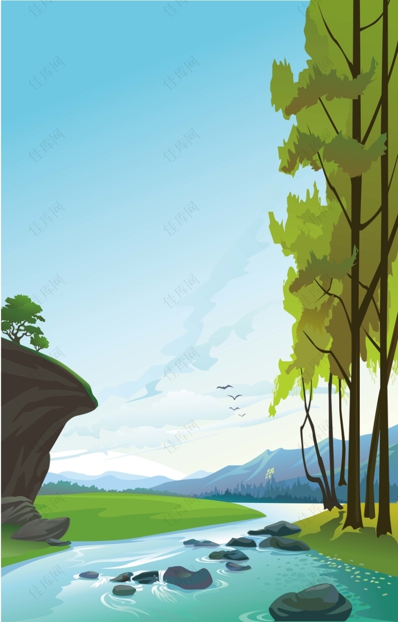 蓝天下的溪流和树木背景素材