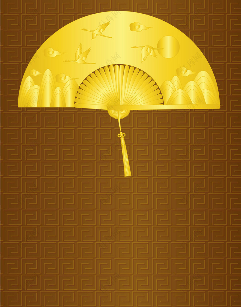 中国风金色回形纹底纹折扇仙鹤远山背景素材