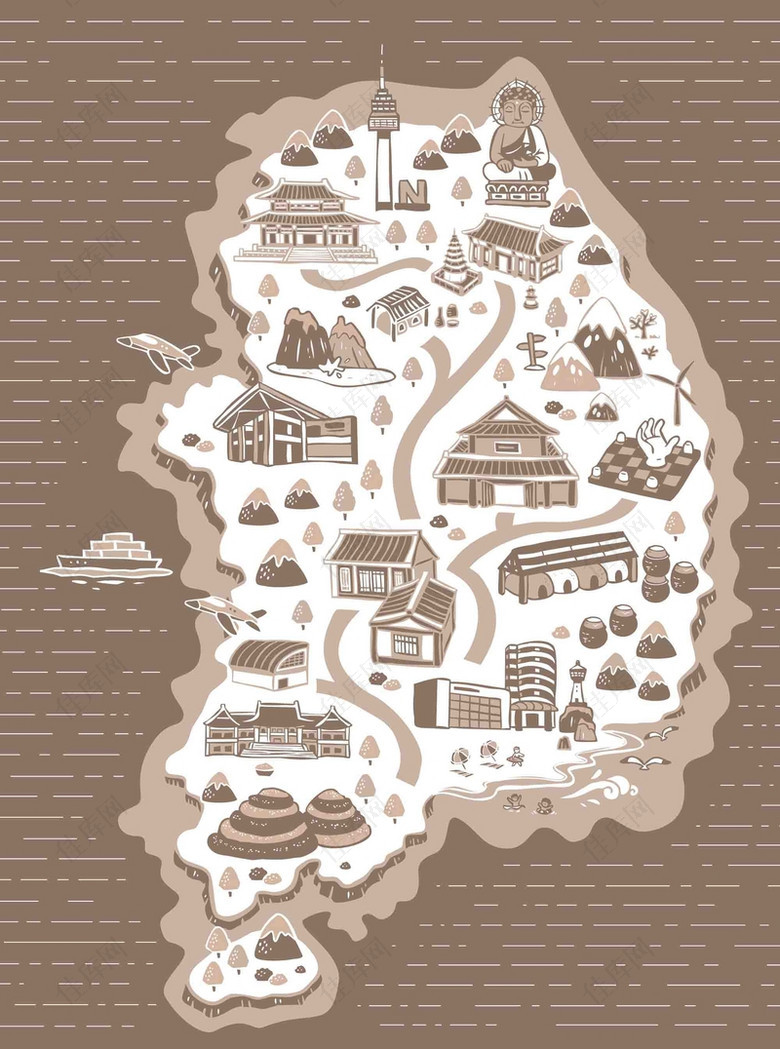 手绘矢量旅游韩国青瓦台景点地图海报背景