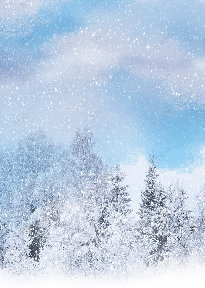 传统节气蓝色唯美女装促销森林雪景背景
