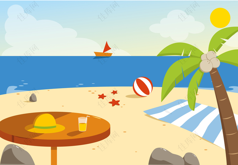 手绘夏日沙滩插画旅游平面广告