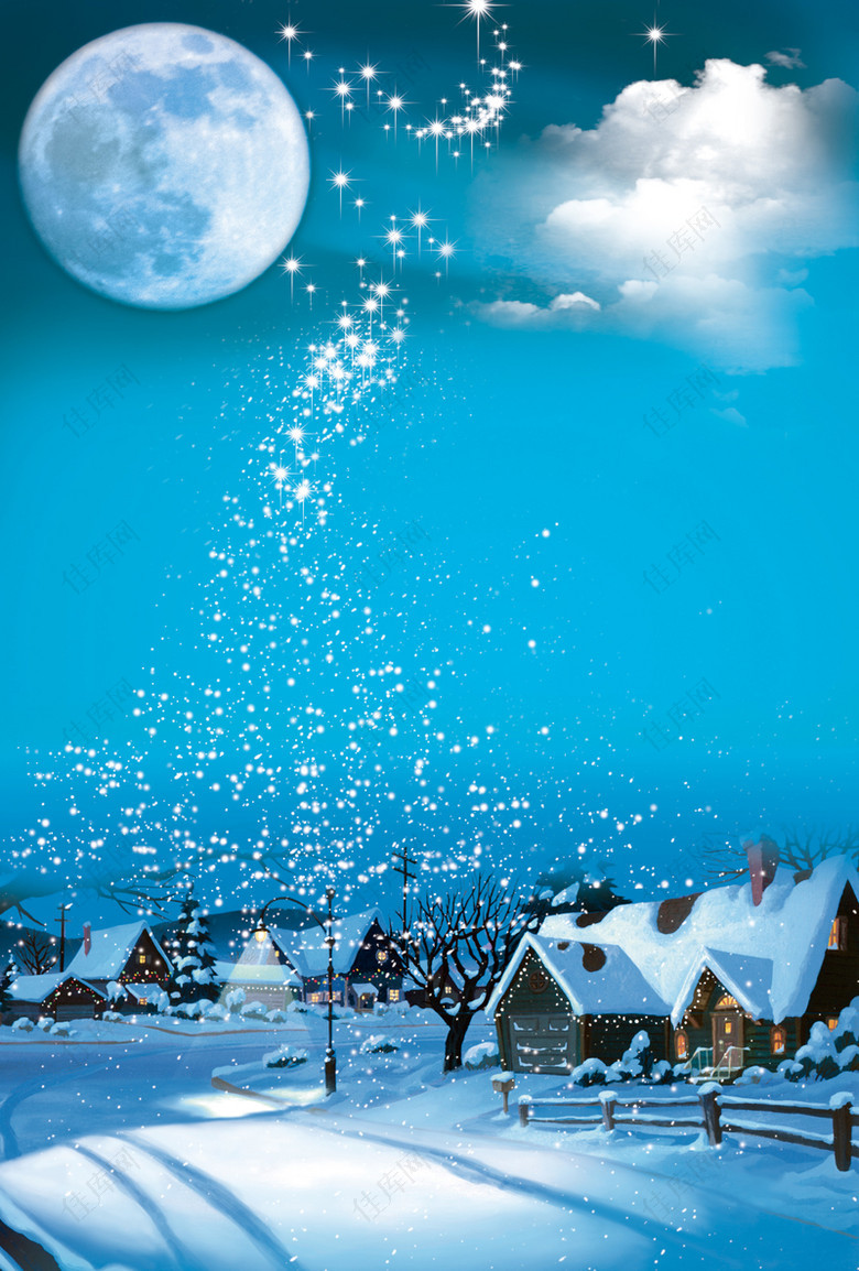 蓝色夜空星空圆月冰雪村庄风景背景素材设计背景图片 高清背景大全 佳库网