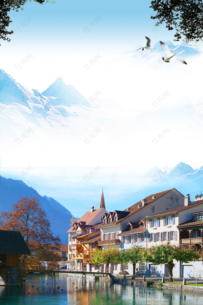 瑞士蓝色简约旅游宣传海报