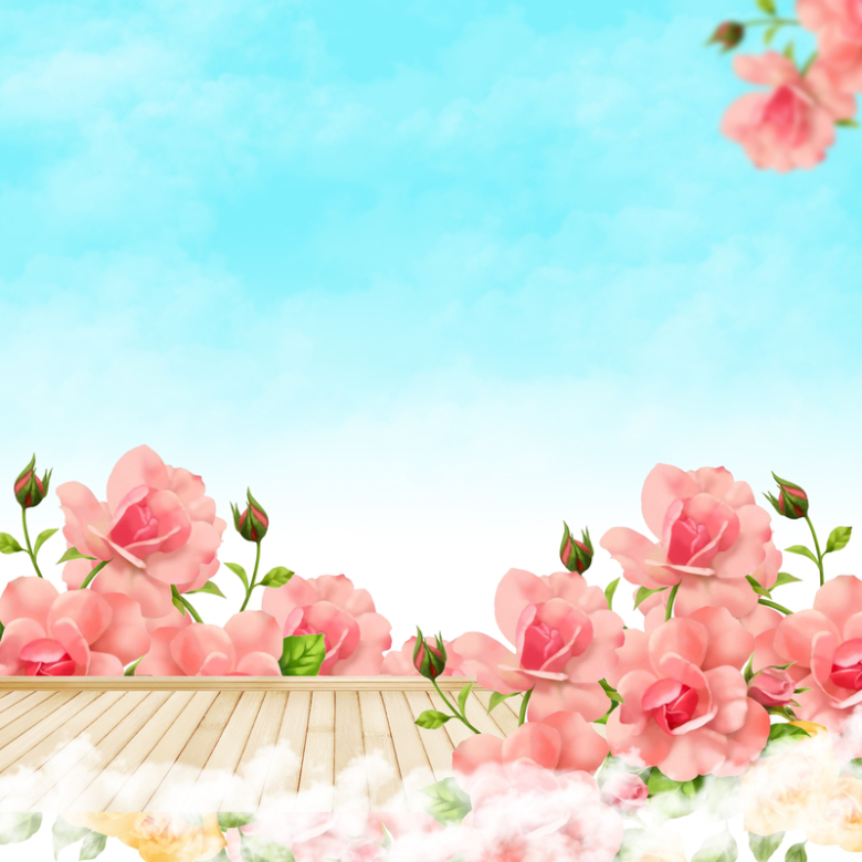 蓝天白云粉色玫瑰花丛地板唯美背景素材