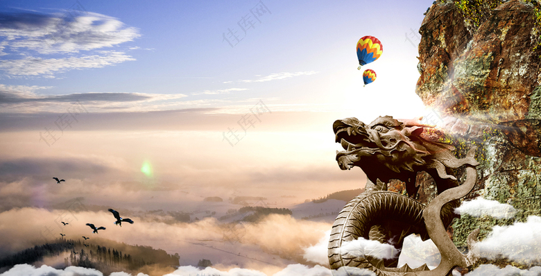 蓝天白云风景气球盘龙大山摄影背景素材