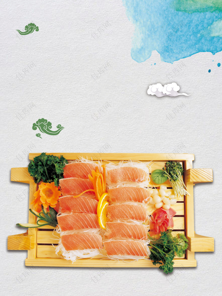 矢量简约生鱼片美食海报背景素材