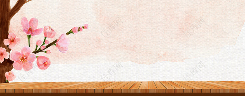水彩桃花粉色木板立体古风背景