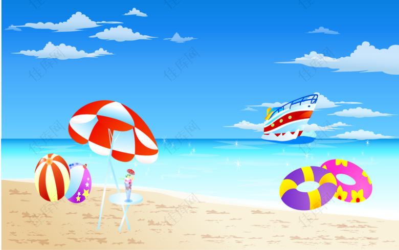 卡通蓝天白云沙滩太阳伞背景
