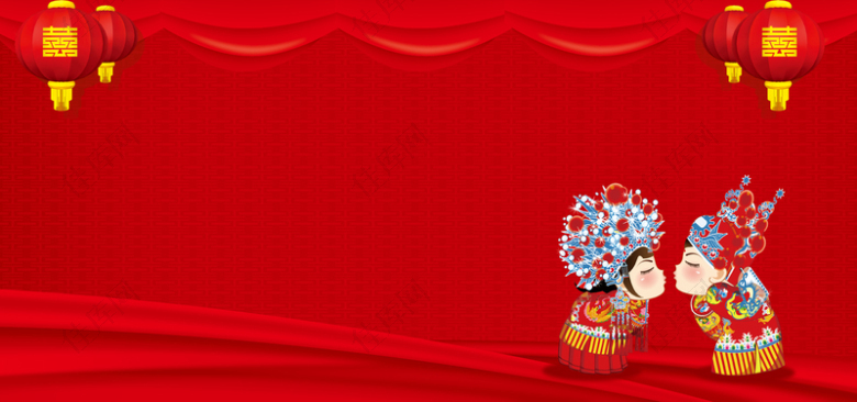 中式婚礼纹理卡通红色banner背景