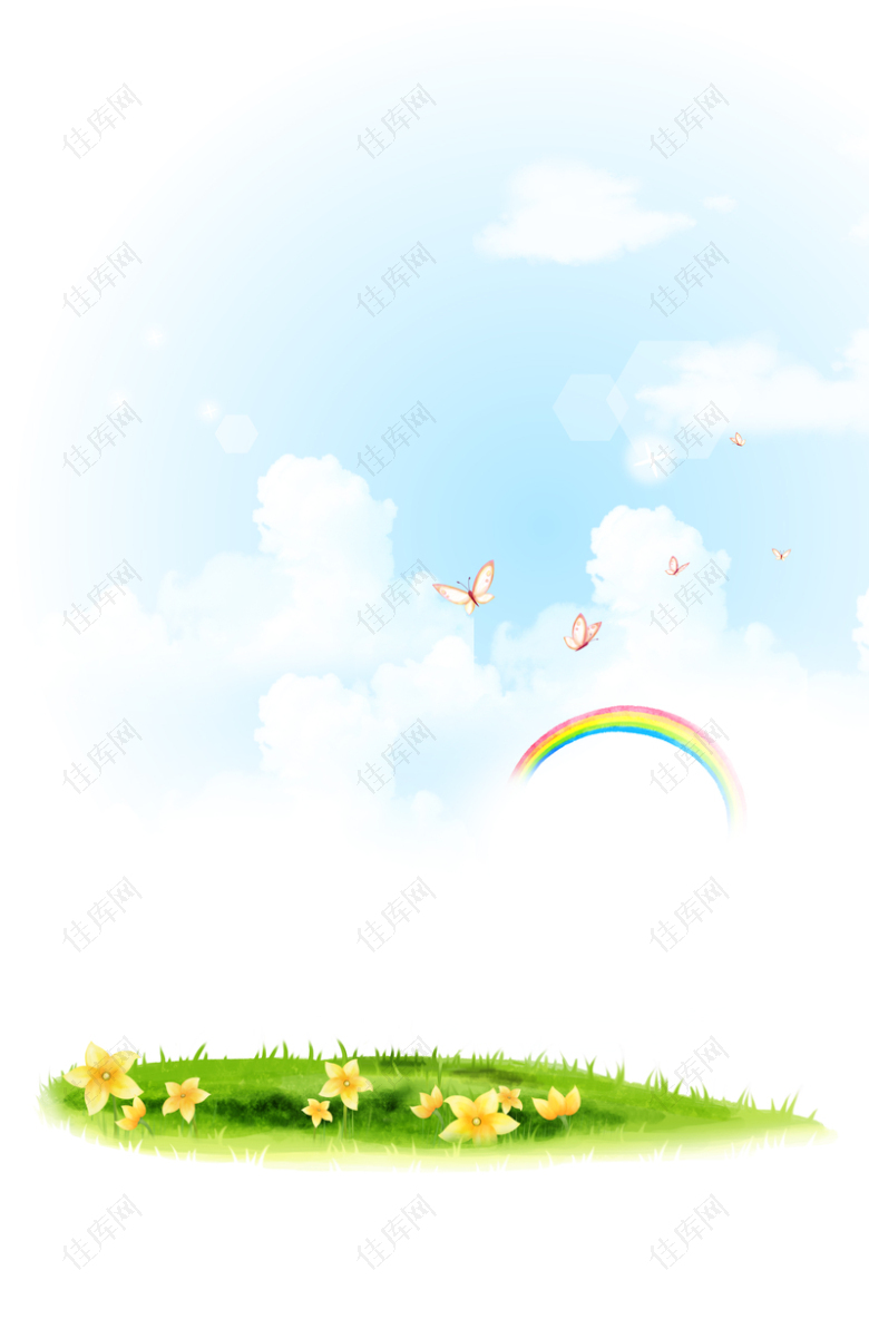 手绘绿草地彩虹印刷背景