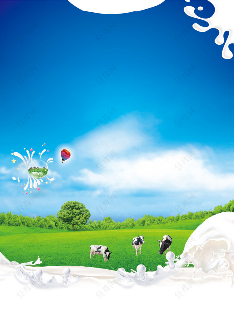 蓝天白云风景草地牧场奶牛牛奶背景素材
