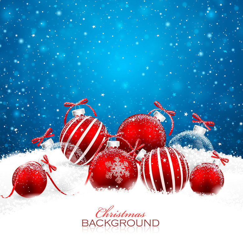 圣诞新年彩球红色玻璃球雪花卡片蓝色背景图