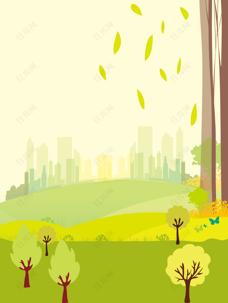 漂浮树叶森林城市扁平树木背景素材