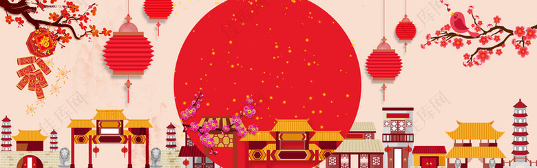 淘宝喜庆春节红色剪纸房子灯笼梅花海报背景