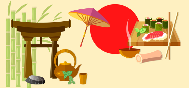 淘宝日本料理矢量卡通竹子水壶寿司太阳海报