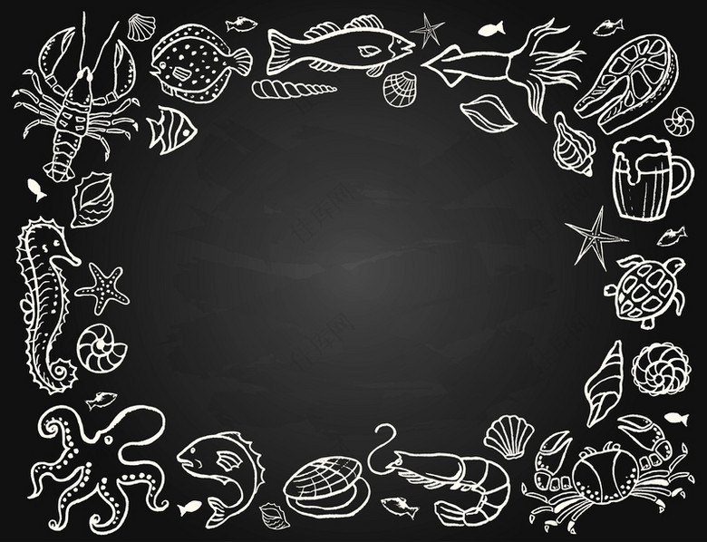 矢量水彩手绘黑白简笔画海鲜食品背景
